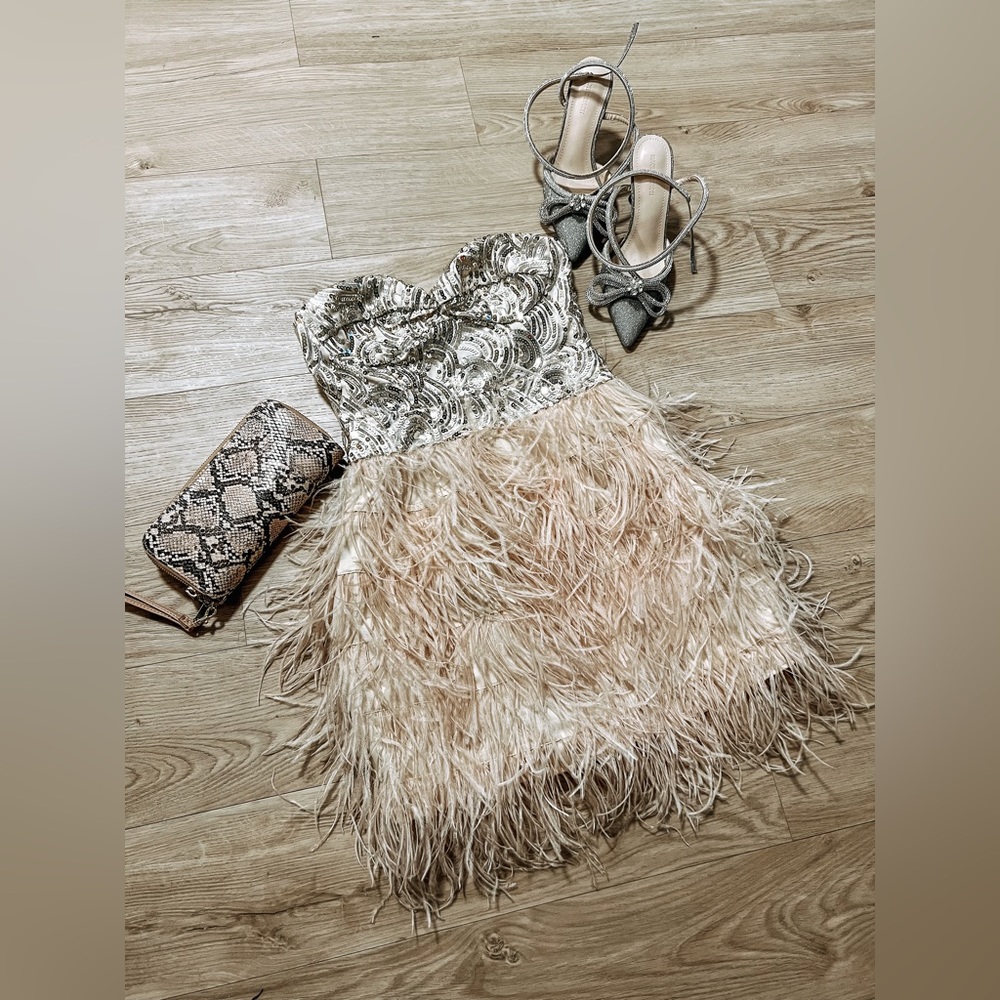 BEBE Feather + Sequin Glam Cocktail Dress